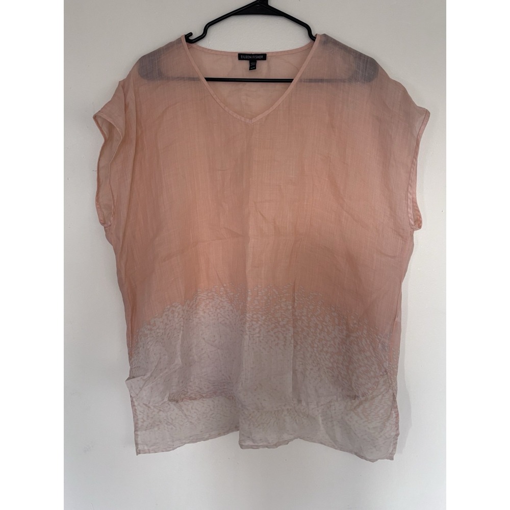 Eileen Fisher Top Womens Medium Peach White Sheer Cover Up Hi Low Hem Beachy M